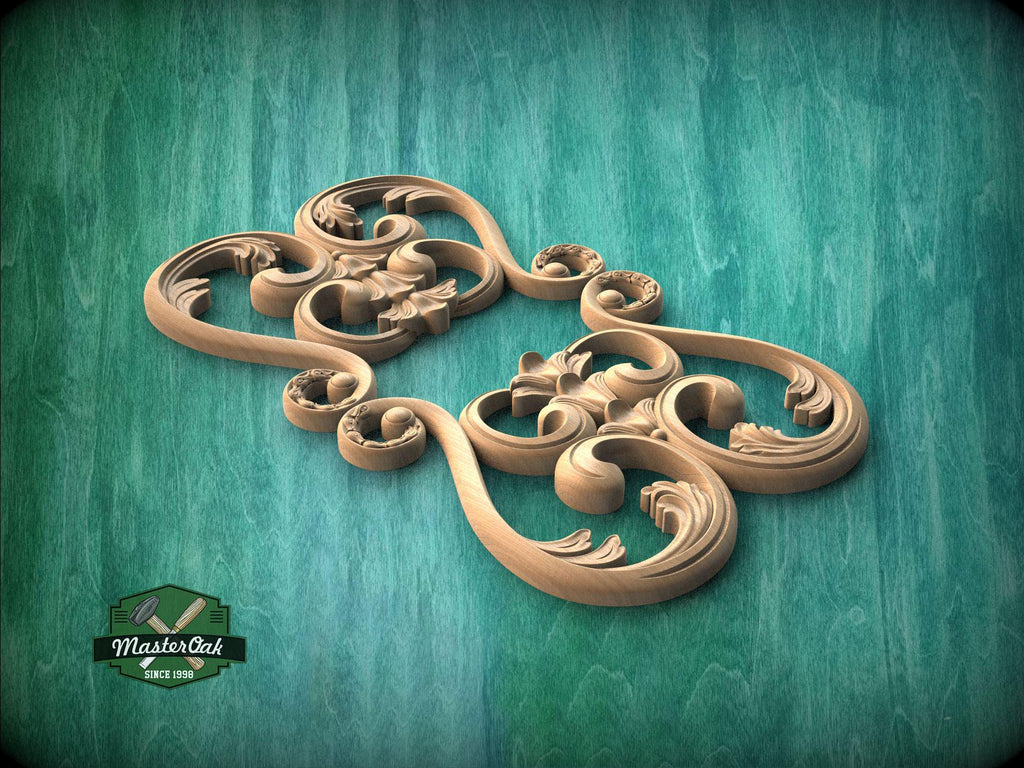 A 3D rendering of an ornate, carved wooden design with intricate scrollwork and floral motifs, set against a green background.