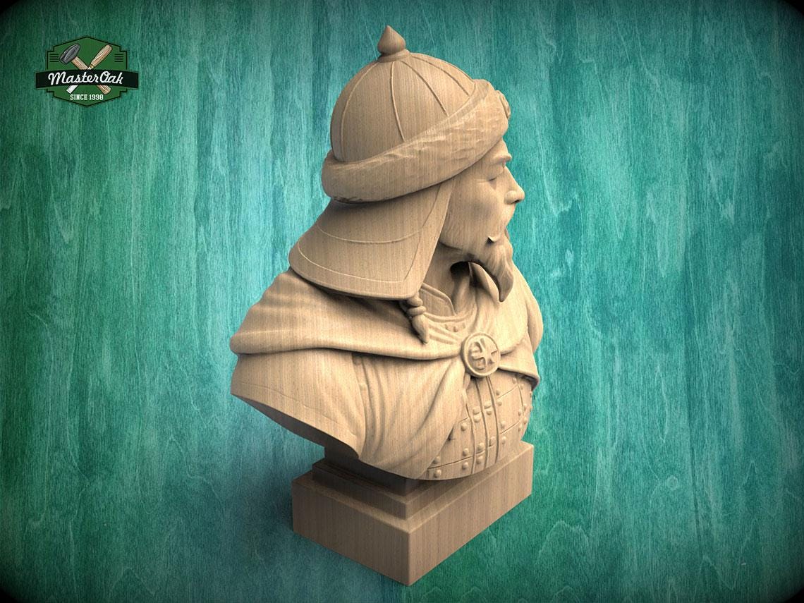 Genghis Khan Bust | Carved & Hand-Finished Wood Statue | Mongolian History Decor