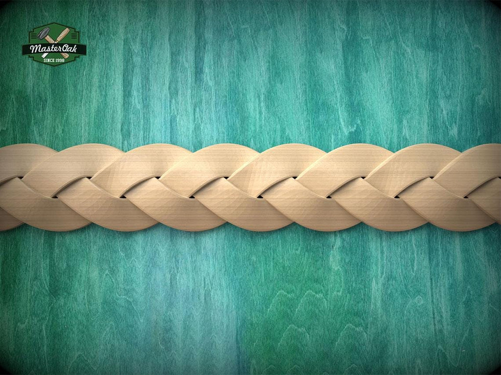 A close-up view of a braided wooden object, possibly a piece of furniture or a decorative item, set against a textured green background.