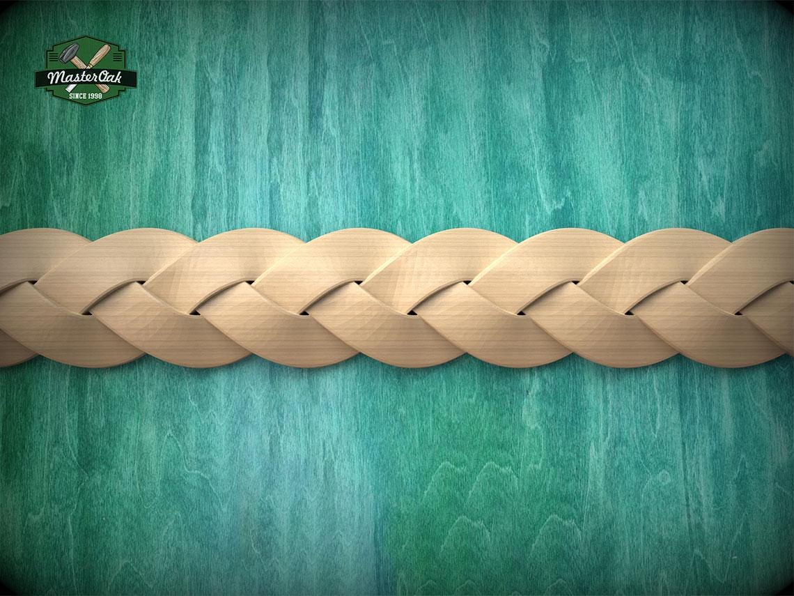 A close-up view of a braided wooden object, possibly a piece of furniture or a decorative item, set against a textured green background.