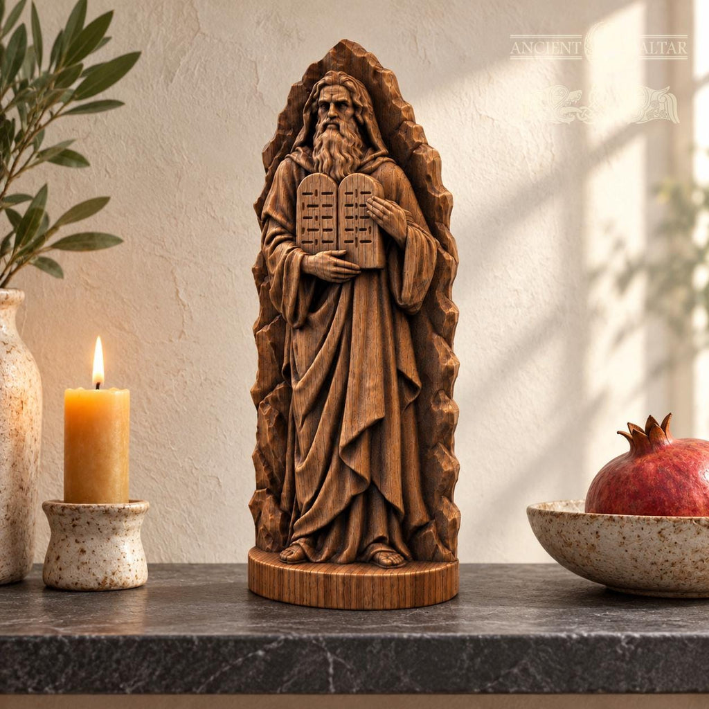 Moses Statue with Rocky Backdrop, Oak Wood Ten Commandments Sculpture, Biblical Prophet Figurine, Judaica Decor, Religious Gift