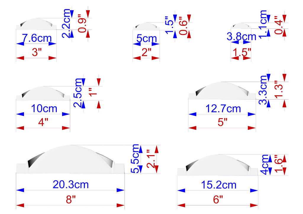 a series of seven different sizes of objects, each with its own set of measurements and corresponding labels. The objects are depicted in a 3D view, and the image is not a collage of multiple images. The labels provide specific dimensions and descriptions for each object, such as "7.6cm", "2.5cm", "3.8cm", "10cm", "12.7cm", "15.2cm", and "6cm".