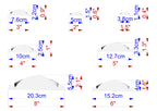 a series of seven different sizes of objects, each with its own set of measurements and corresponding labels. The objects are depicted in a 3D view, and the image is not a collage of multiple images. The labels provide specific dimensions and descriptions for each object, such as "7.6cm", "2.5cm", "3.8cm", "10cm", "12.7cm", "15.2cm", and "6cm".