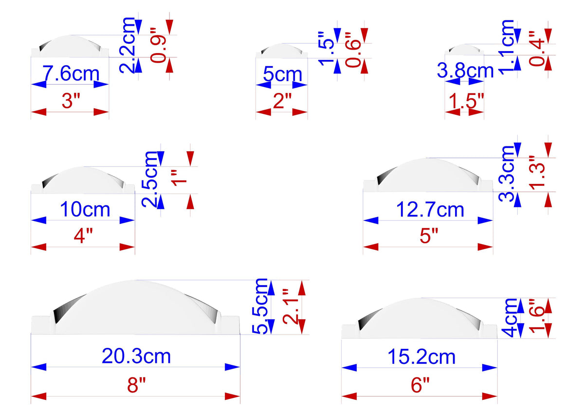 a series of seven different sizes of objects, each with its own set of measurements and corresponding labels. The objects are depicted in a 3D view, and the image is not a collage of multiple images. The labels provide specific dimensions and descriptions for each object, such as "7.6cm", "2.5cm", "3.8cm", "10cm", "12.7cm", "15.2cm", and "6cm".