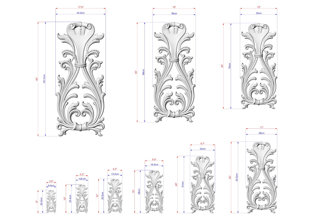 several ornate, decorative designs or sculptures, each with its own unique size and shape. The designs are detailed and intricate, showcasing the artist's skill and craftsmanship. The image is a collection of various sizes and shapes, providing a comprehensive view of the artist's work.
