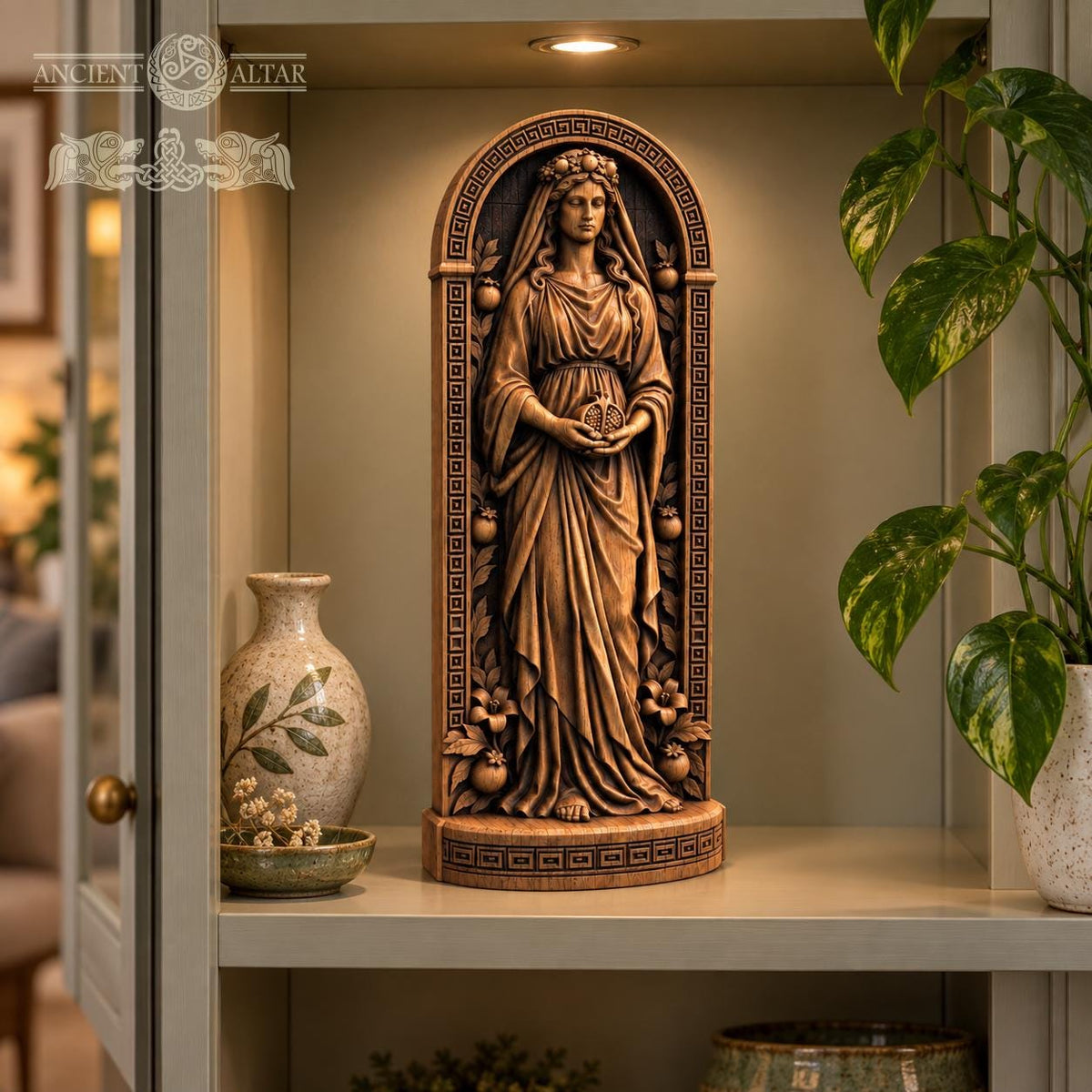 Persephone Wooden Statue, Greek Goddess Figurine with Pomegranate, Queen of the Underworld, Pagan Altar Decor, Mythology Gift