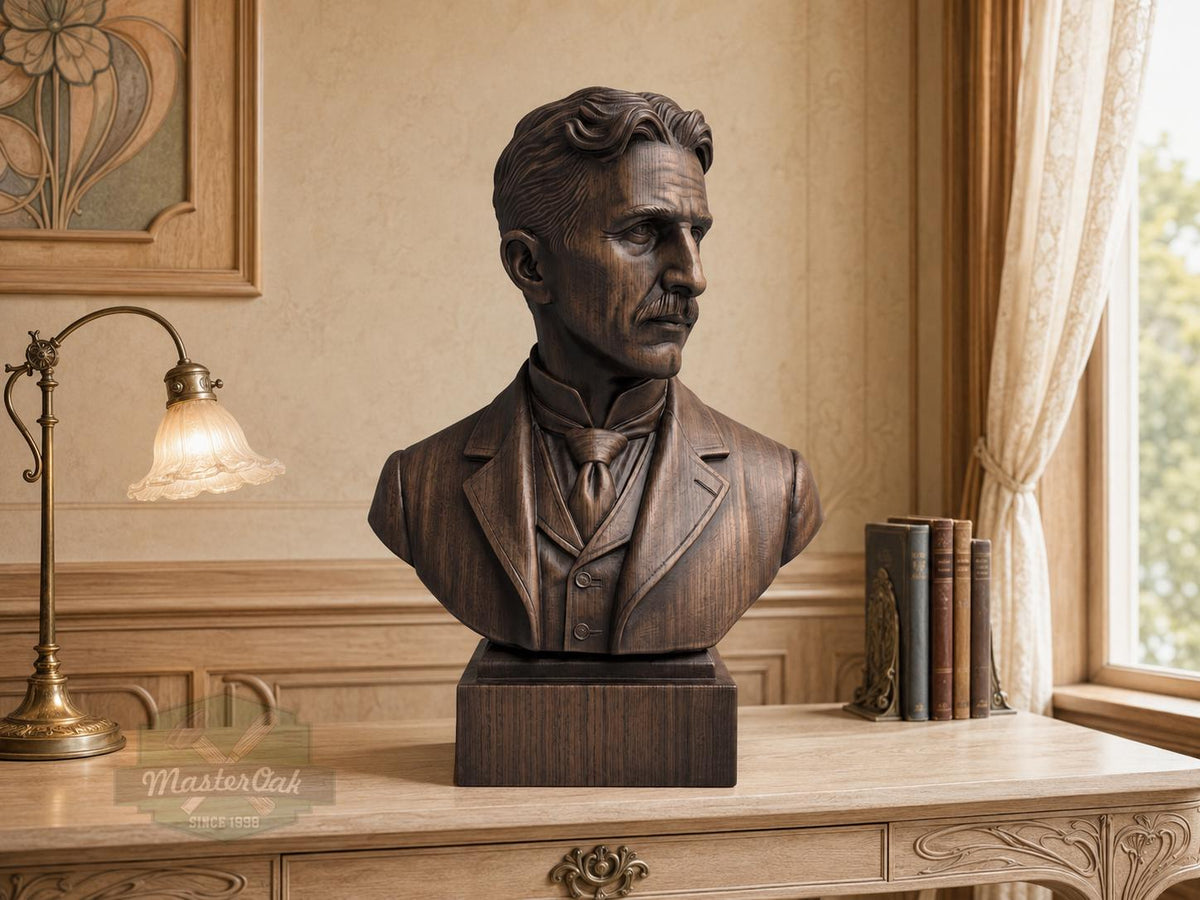 Nikola Tesla Bust, Hand-Finished Wood Sculpture | Inventor Decor