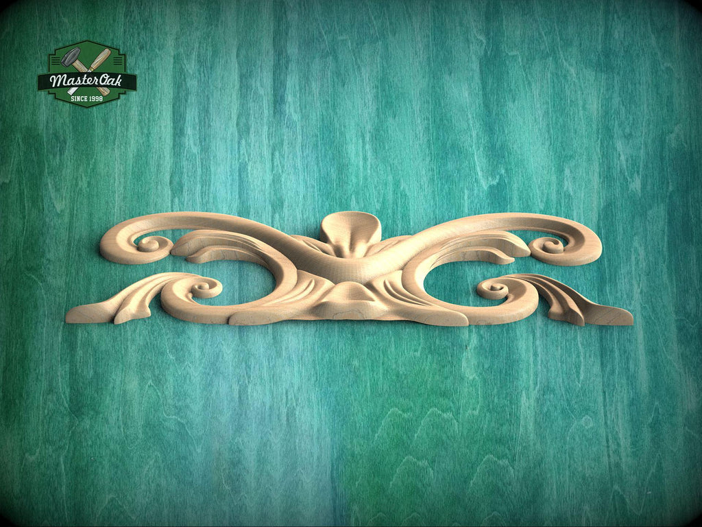 A decorative wooden carving with an intricate, swirling design is displayed against a textured green background.