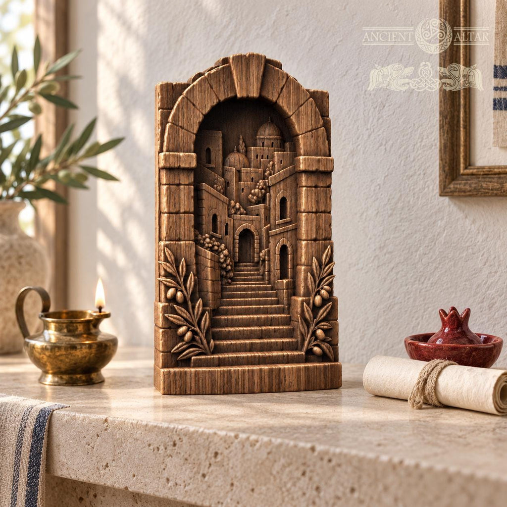 Jerusalem Old City Wood Relief, Solid Oak Architectural Sculpture with Stone Arch and Olive Branches, Judaica Housewarming Gift