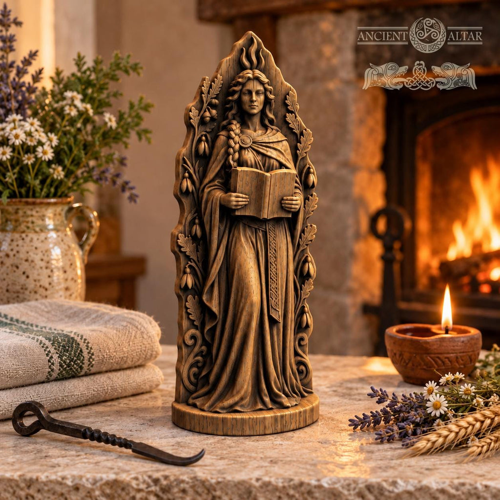 Brigid Goddess Statue with Book and Sacred Flame, Wooden Celtic Deity Figurine, Imbolc Altar Decor, Irish Pagan Gift