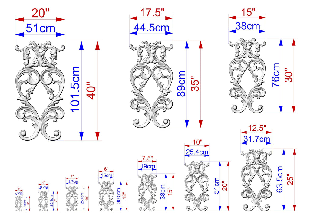 a series of ornate, decorative designs with accompanying measurements in centimeters. The designs are arranged in a grid format, with each design having its own set of measurements. The image is a collection of various sizes and shapes, showcasing the intricate details and craftsmanship of the designs.