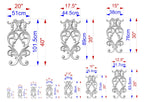 a series of ornate, decorative designs with accompanying measurements in centimeters. The designs are arranged in a grid format, with each design having its own set of measurements. The image is a collection of various sizes and shapes, showcasing the intricate details and craftsmanship of the designs.