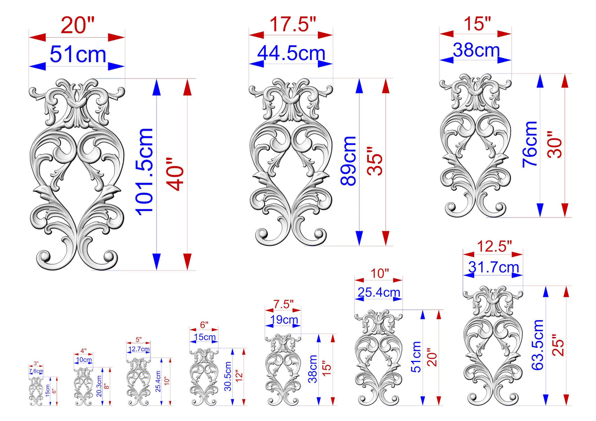 a series of ornate, decorative designs with accompanying measurements in centimeters. The designs are arranged in a grid format, with each design having its own set of measurements. The image is a collection of various sizes and shapes, showcasing the intricate details and craftsmanship of the designs.