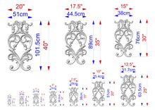 Load image into Gallery viewer, a series of ornate, decorative designs with accompanying measurements in centimeters. The designs are arranged in a grid format, with each design having its own set of measurements. The image is a collection of various sizes and shapes, showcasing the intricate details and craftsmanship of the designs.
