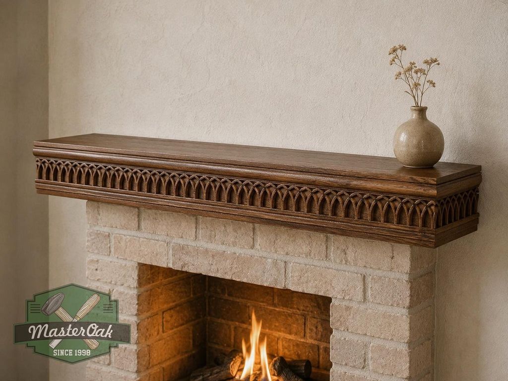 Carved Solid Oak Wall Shelf with Gothic Arch Pattern, Floating Display Shelf, Medieval and Dark Academia Home Decor