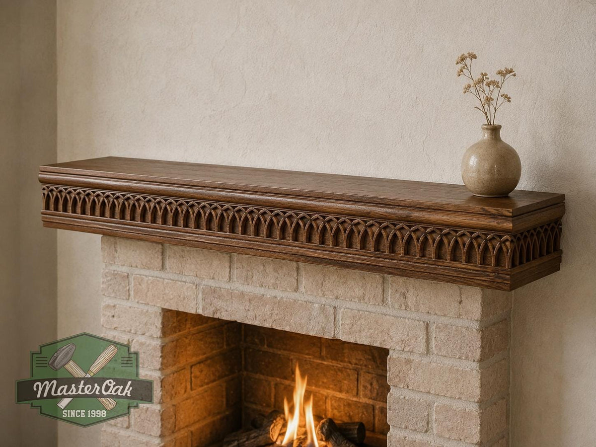 Carved Solid Oak Wall Shelf with Gothic Arch Pattern, Floating Display Shelf, Medieval and Dark Academia Home Decor