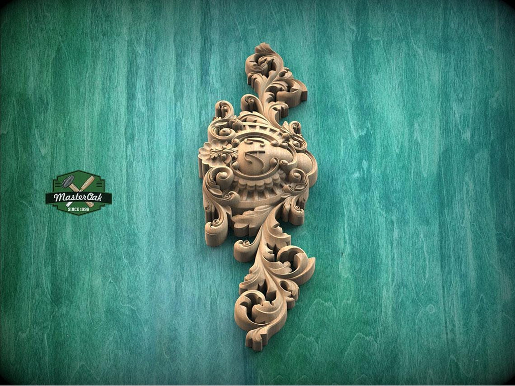 Personalized Baroque Crest with Cartouche – Ornate Carved Wood Applique for Furniture