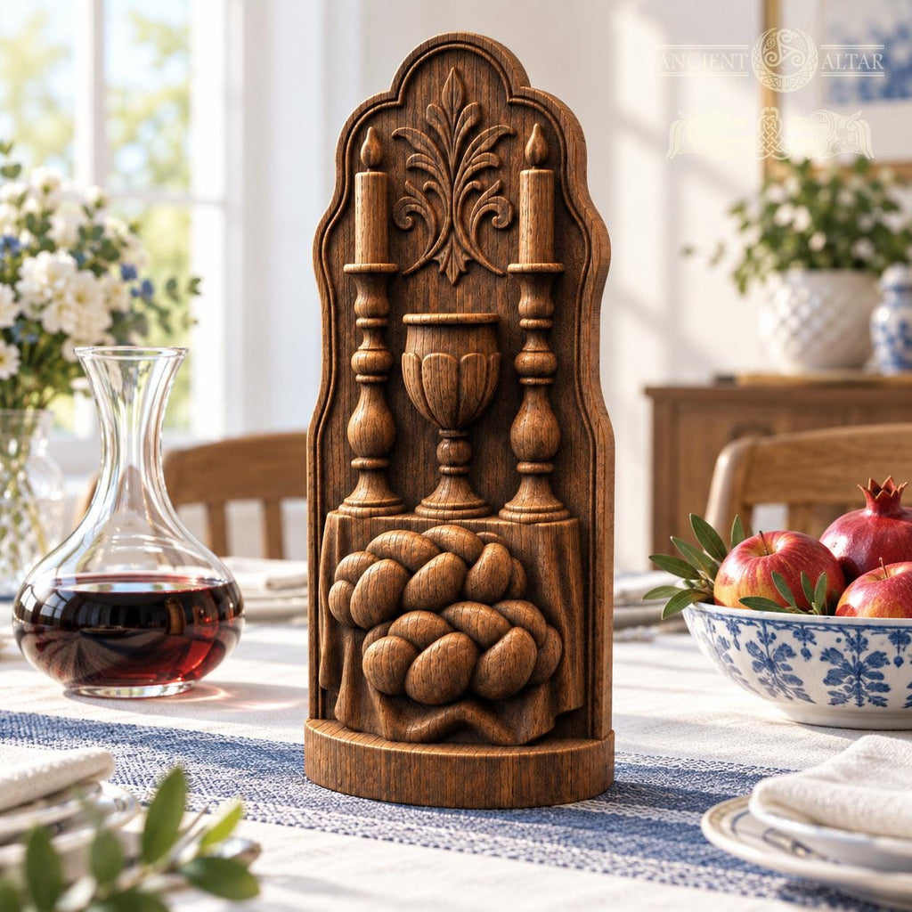 Shabbat Table Oak Wood Sculpture, Challah Kiddush Cup and Candles Relief, Judaica Home Decor, Jewish Wedding Gift