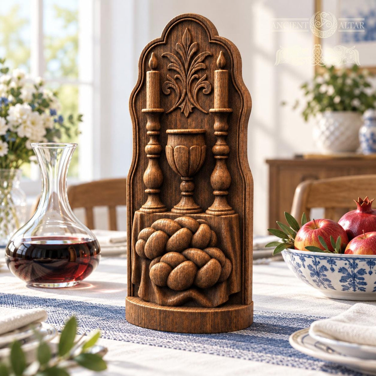 Shabbat Table Oak Wood Sculpture, Challah Kiddush Cup and Candles Relief, Judaica Home Decor, Jewish Wedding Gift
