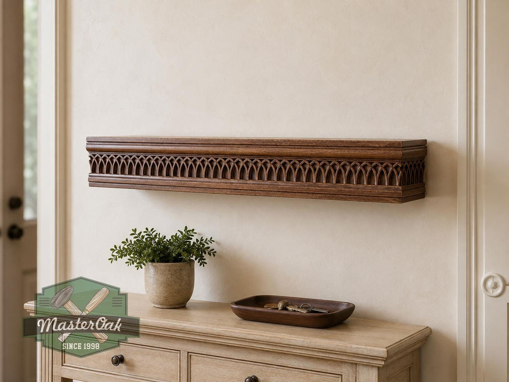Carved Solid Oak Wall Shelf with Gothic Arch Pattern, Floating Display Shelf, Medieval and Dark Academia Home Decor