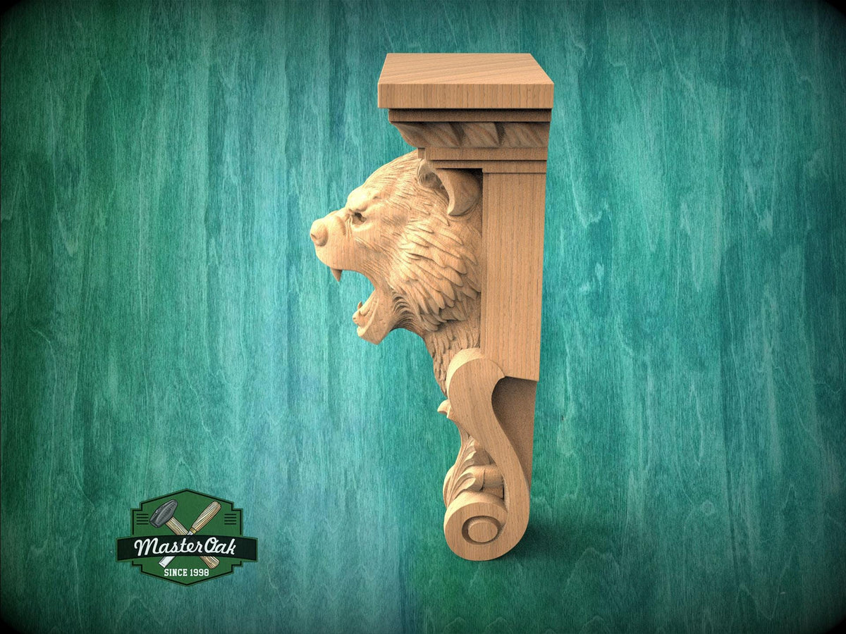 Roaring Bear Support Bracket– Rustic Wood Corbel for Mantel or Cabinet