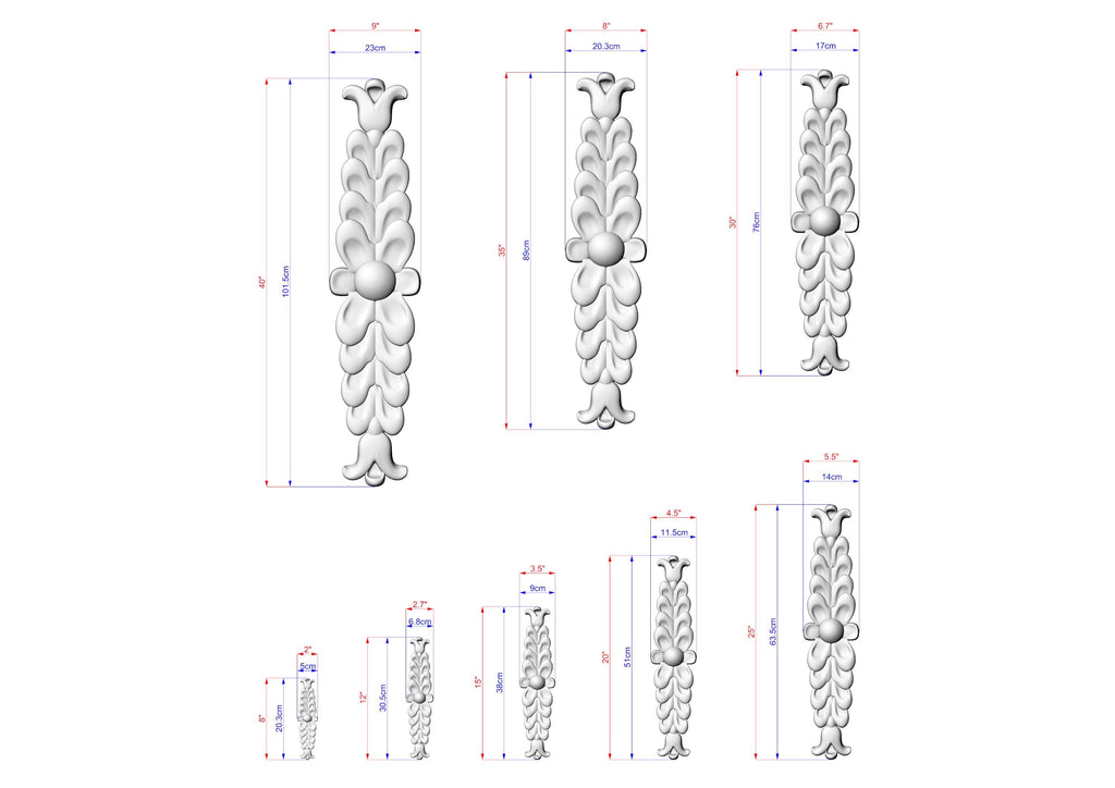 a collection of scale drawings of decorative elements, such as a flower-like design, against a white background. The drawings are labeled with measurements in millimeters, providing a clear visual representation of the size differences between the various elements.
