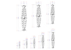 a collection of scale drawings of decorative elements, such as a flower-like design, against a white background. The drawings are labeled with measurements in millimeters, providing a clear visual representation of the size differences between the various elements.