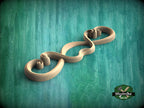 A wooden scrollwork design with a curved shape and a textured surface, set against a green background.