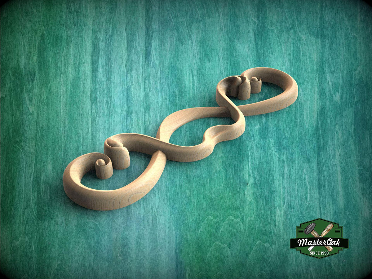 A wooden scrollwork design with a curved shape and a textured surface, set against a green background.