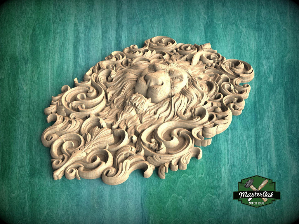 Majestic Carved Lion Head Wood Applique – Baroque Scrollwork Home Accent