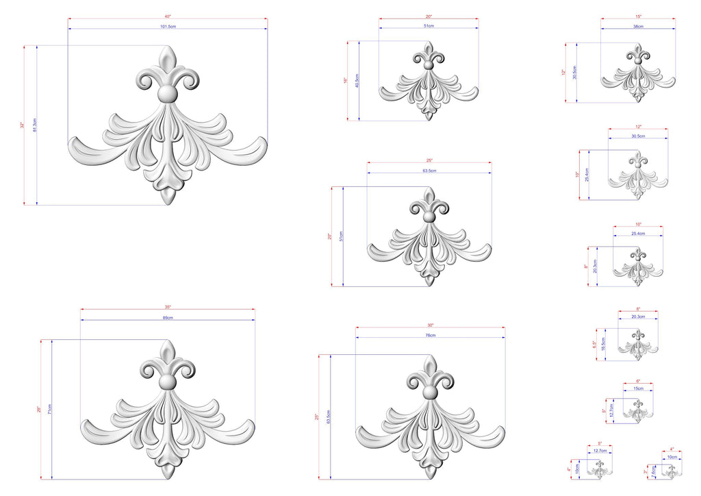 a collection of ornate, decorative designs in a 3D style, including various sizes and shapes of floral or scroll-like patterns. The designs are accompanied by measurements and dimensions, providing a visual representation of the intricate details and proportions of the artwork.