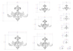 a collection of ornate, decorative designs in a 3D style, including various sizes and shapes of floral or scroll-like patterns. The designs are accompanied by measurements and dimensions, providing a visual representation of the intricate details and proportions of the artwork.