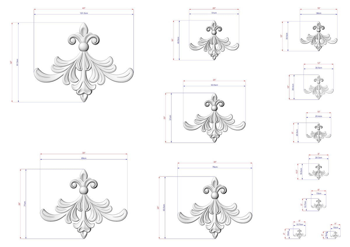 a collection of ornate, decorative designs in a 3D style, including various sizes and shapes of floral or scroll-like patterns. The designs are accompanied by measurements and dimensions, providing a visual representation of the intricate details and proportions of the artwork.