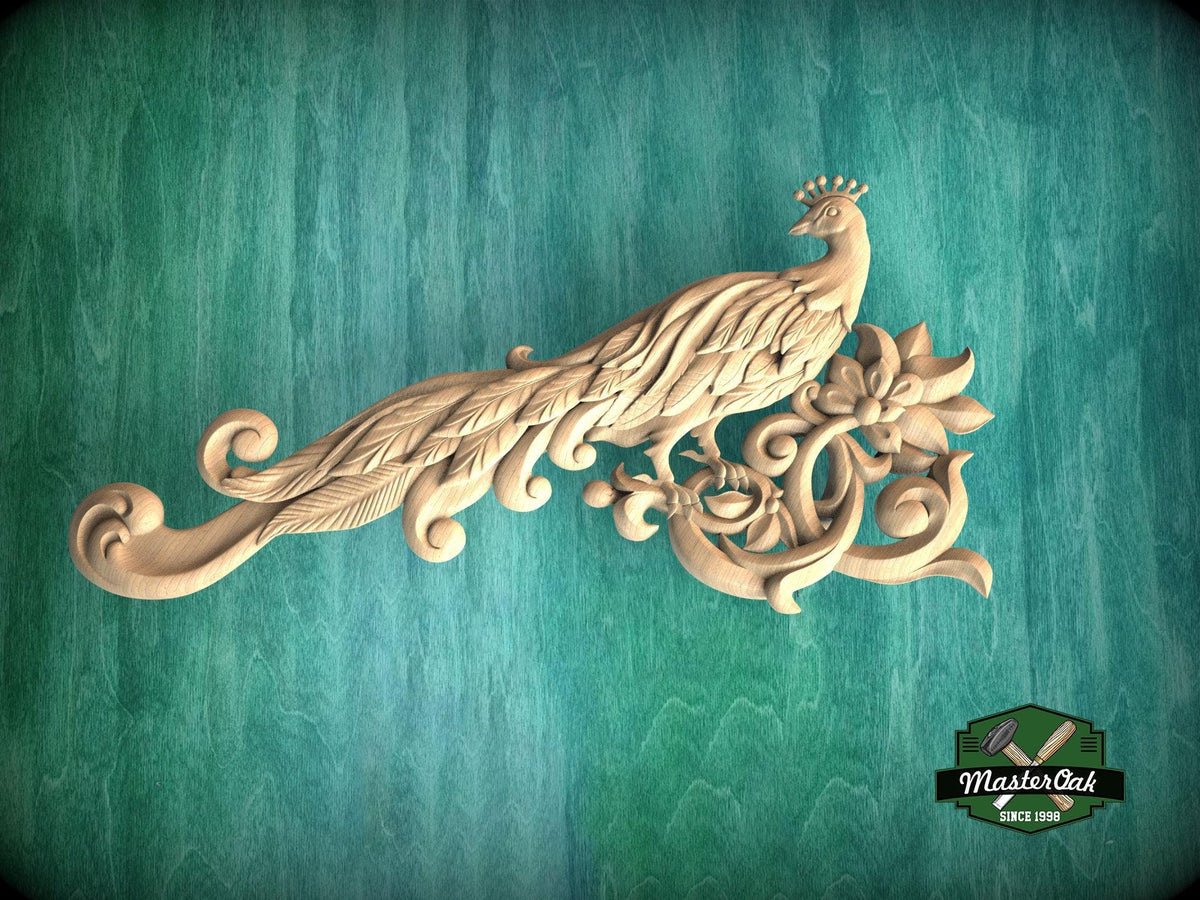 Peacock in Bloom Wood Carving – Elegant Corner Decor Element, 1 pc, Unpainted, Home Wall Embellishments, Furniture Carving, Wood Onlays