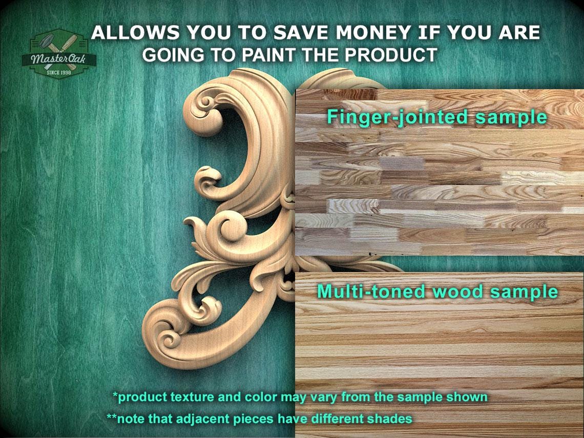 The image is a promotional advertisement for Master Oak Paint, featuring a wooden sample of a product and a finger-jointed sample. The text on the image indicates that the product texture and color may vary from the sample shown, and that adjacent pieces have different shades.