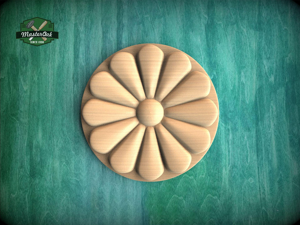 a wooden flower-shaped object with a round center and petals arranged in a circular pattern, set against a green background.