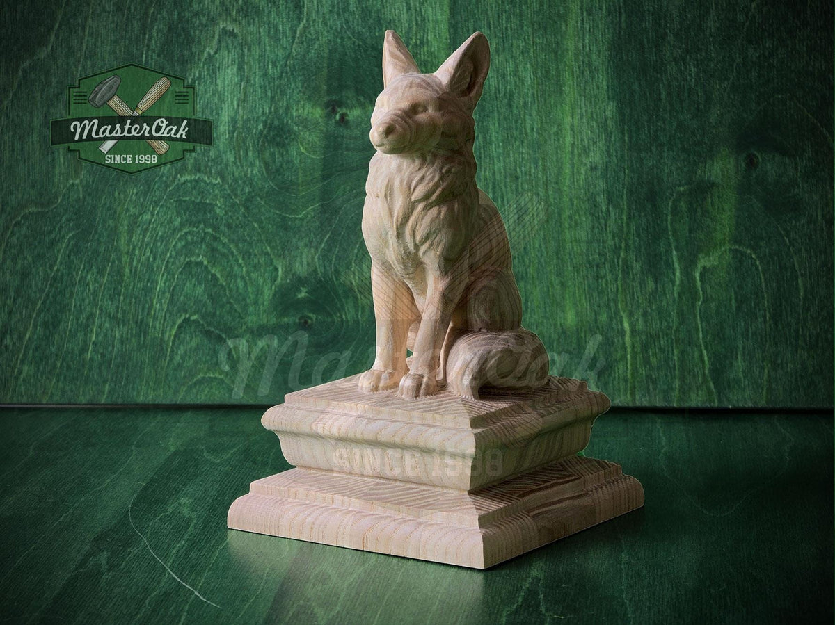 Sitting Fox #2 made of wood, Wooden Finial for Staircase Newel Post, Wood Carved Fox Statue, Rustic Woodland Animal Accent, 1pc, Unpainted
