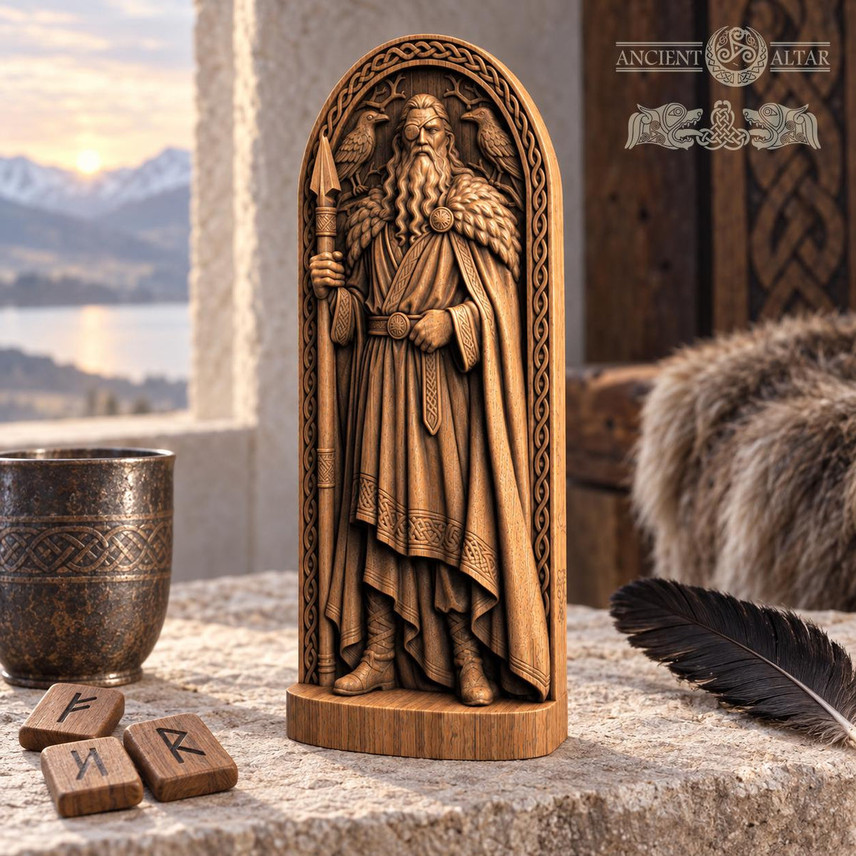 Odin Statue with Huginn and Muninn, Wooden Norse God Figurine, Viking Pagan Altar Decor, Gungnir Spear Sculpture, Nordic Gift