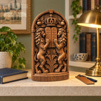 Lions and Tablets Judaica Sculpture, Solid Oak Ten Commandments Decor, Star of David and Crown, Jewish Housewarming Gift