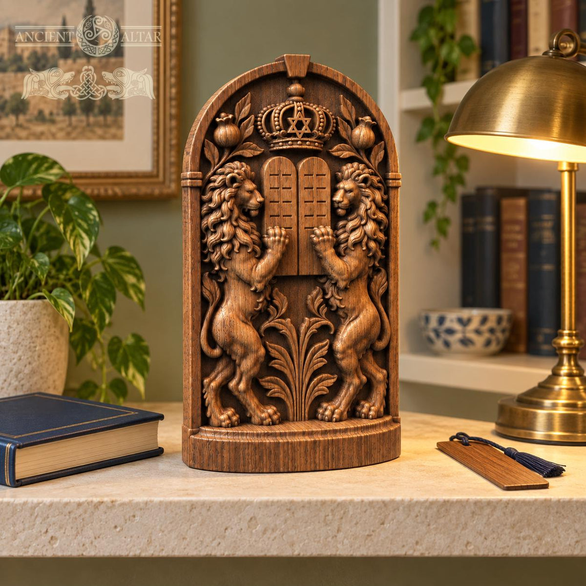 Lions and Tablets Judaica Sculpture, Solid Oak Ten Commandments Decor, Star of David and Crown, Jewish Housewarming Gift