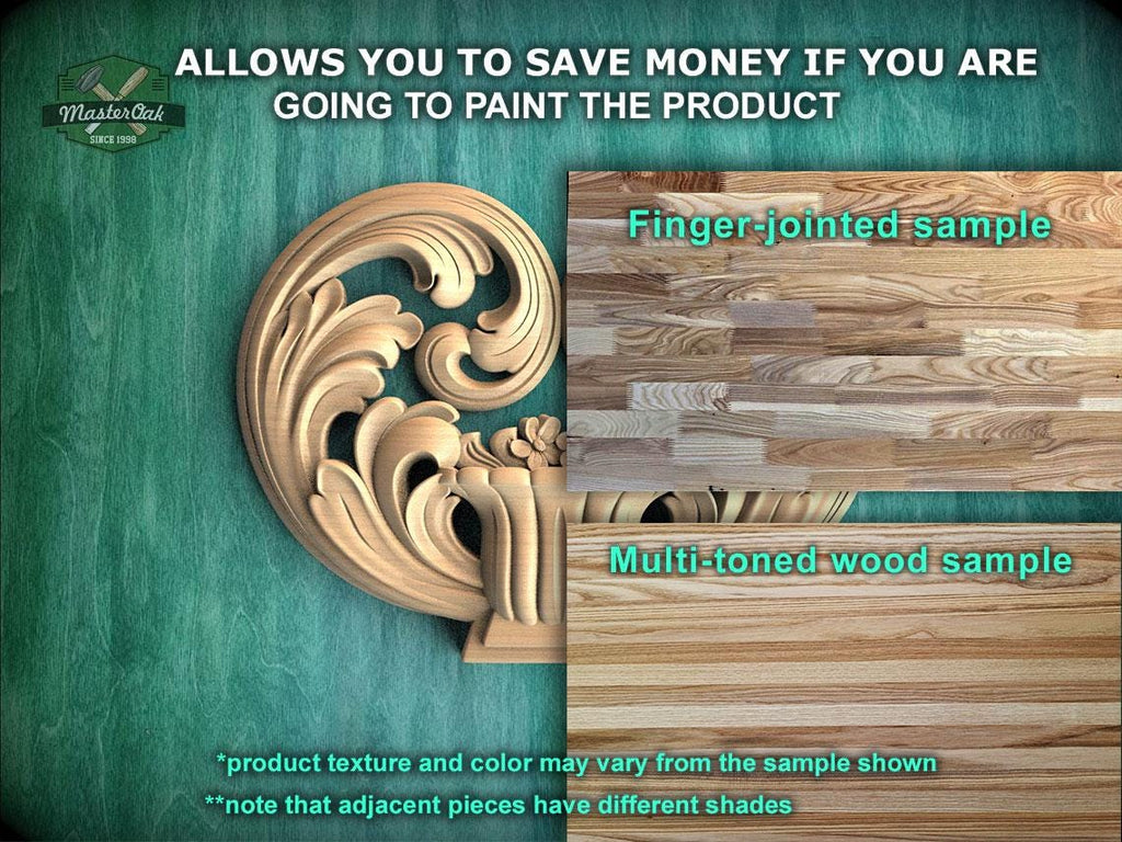 The image is a promotional advertisement for Master Oak, a company that specializes in painting products. It features a close-up of a wooden carving and a sample of multi-toned wood, along with text providing information about the products.