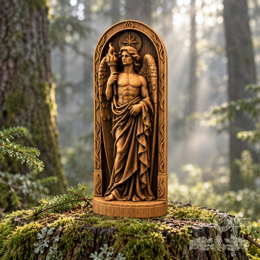 A wooden carving of an angel holding a torch stands on a mossy tree stump in a forested area.