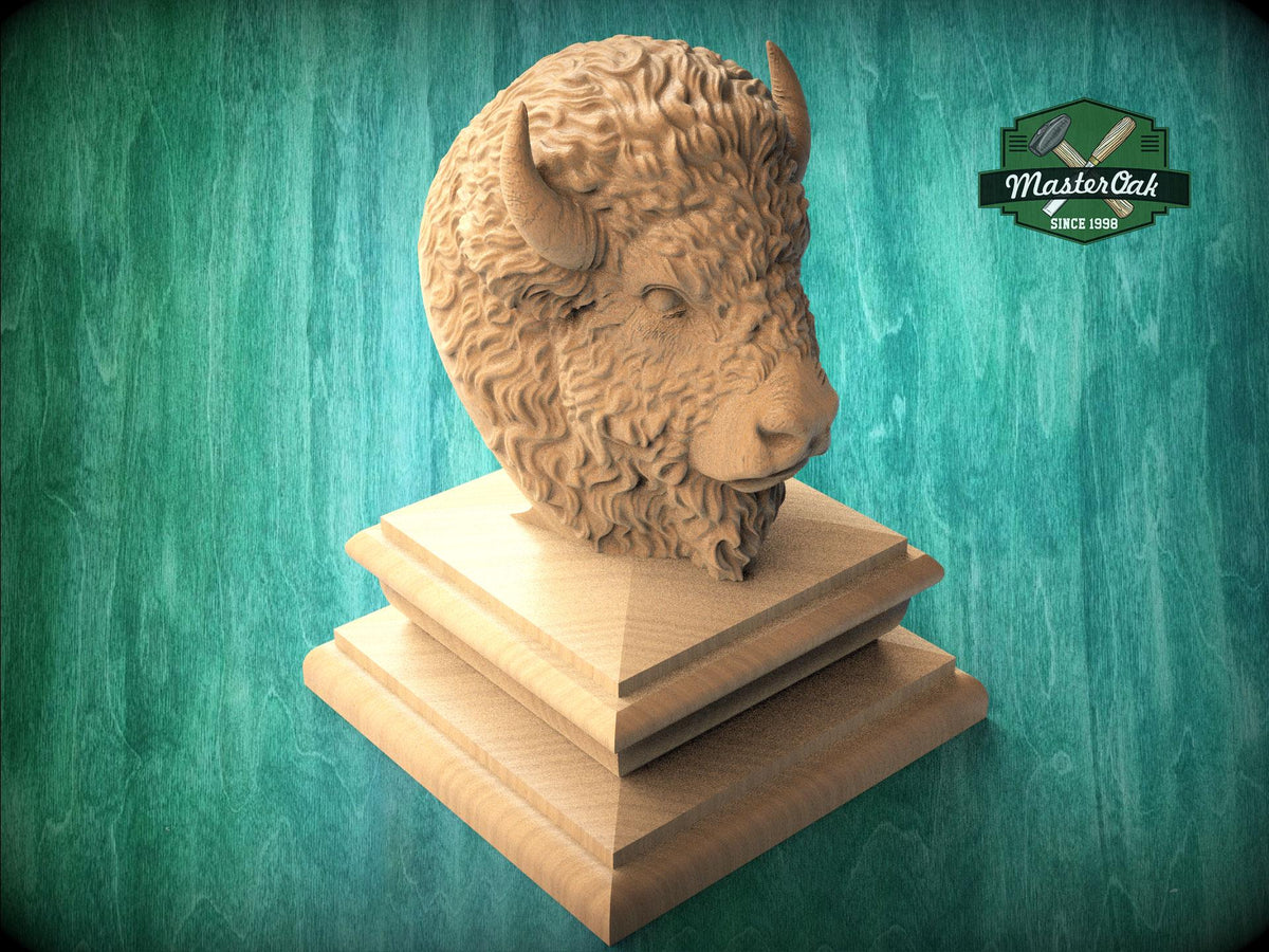 Carved Bison Newel Finial – Wooden Buffalo Head for Bed Post or Stair Post