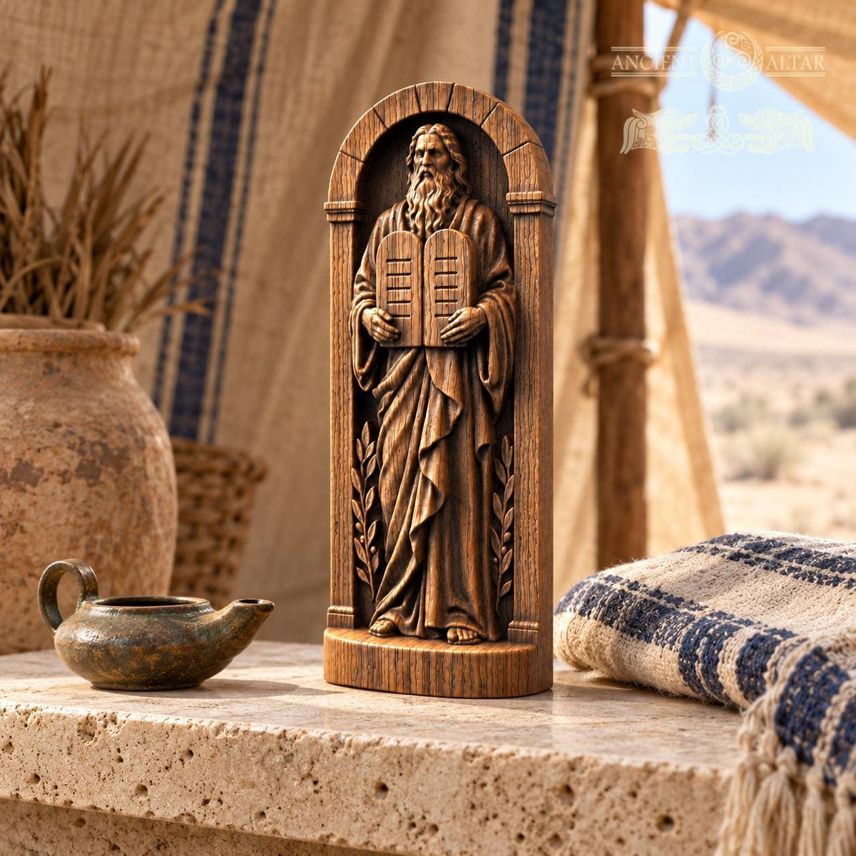 Moses with Ten Commandments Statue, Solid Oak Biblical Sculpture, Tablets of the Law, Judaica Home Decor, Religious Gift
