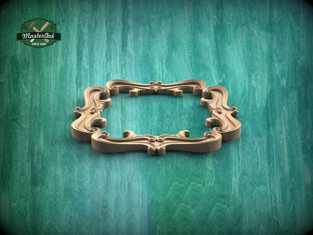 A decorative wooden frame with an ornate, curving design is displayed against a green textured background.