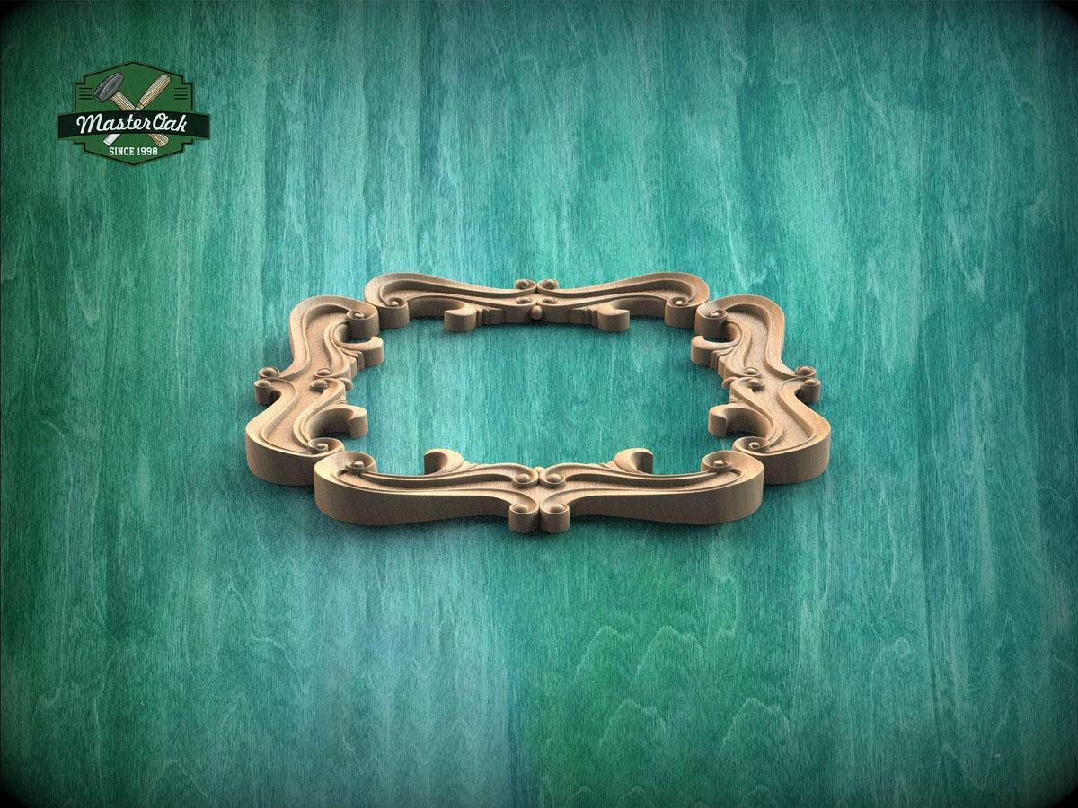 A decorative wooden frame with an ornate, curving design is displayed against a green textured background.