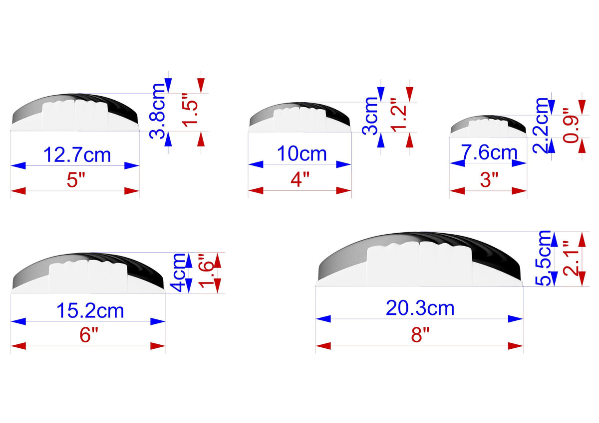 five different sizes of a circular object, ranging from 12.7 cm to 20.3 cm in diameter. The sizes are indicated with corresponding measurements and are labeled with the corresponding unit, which is centimeters.