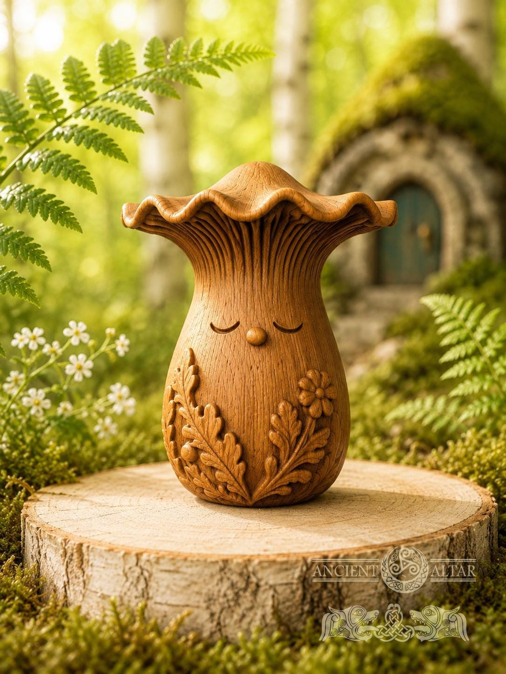 Wooden Chanterelle Forest Spirit Figurine, Oak Mushroom Guardian, 2.76 in