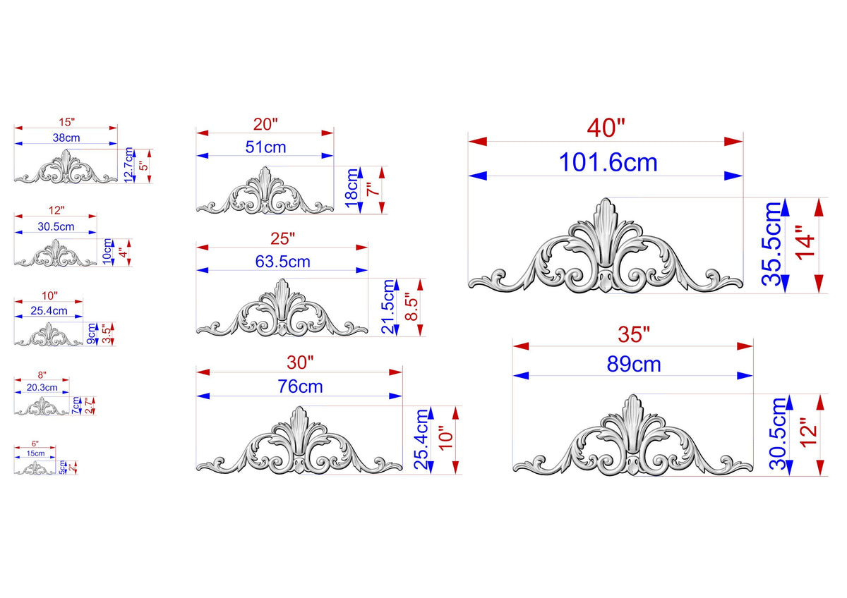 a series of ornamental designs, each with its own size and scale, ranging from 5.5 cm to 101.6 cm. The designs are depicted in a detailed manner, showcasing the intricate patterns and measurements.