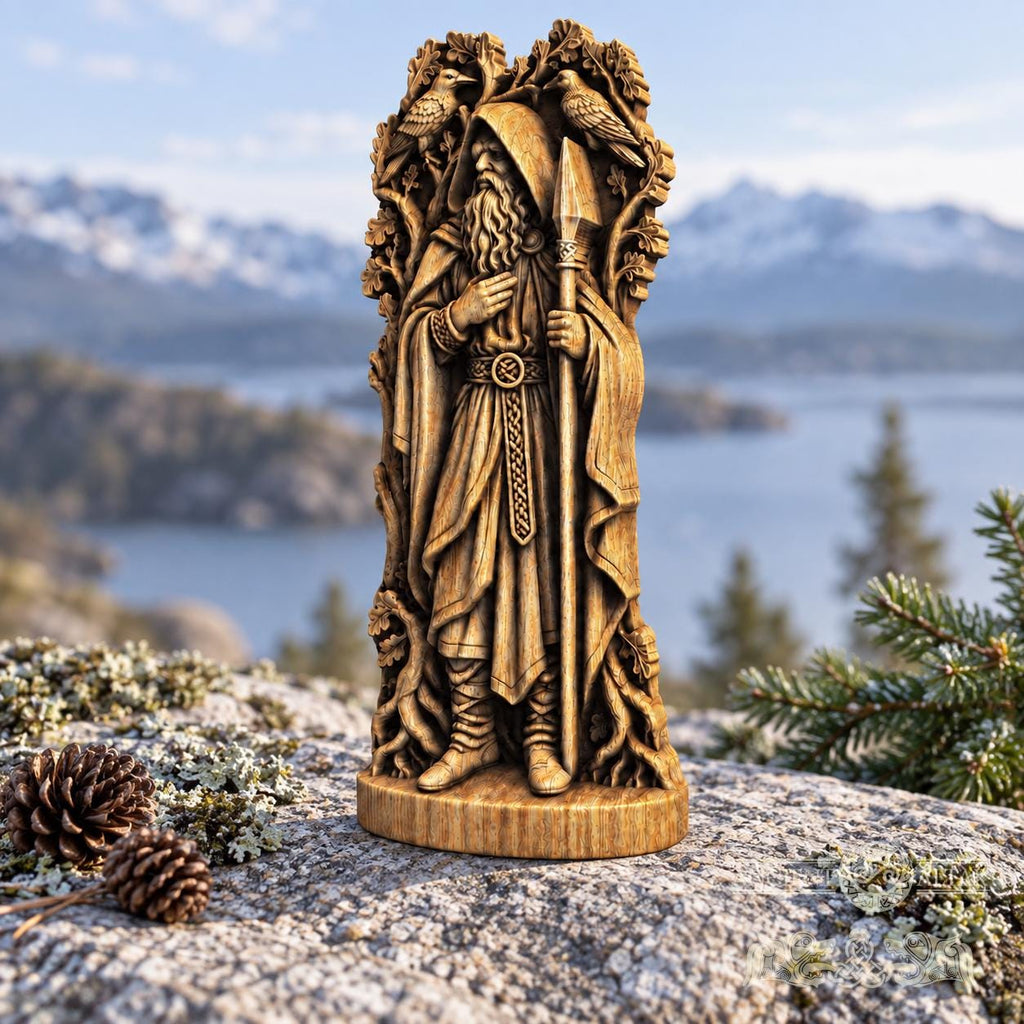 Hooded Odin Wooden Statue with Ravens, Norse Wanderer Figurine, Wotan Viking Sculpture, Pagan Altar Decor, Gungnir Gift